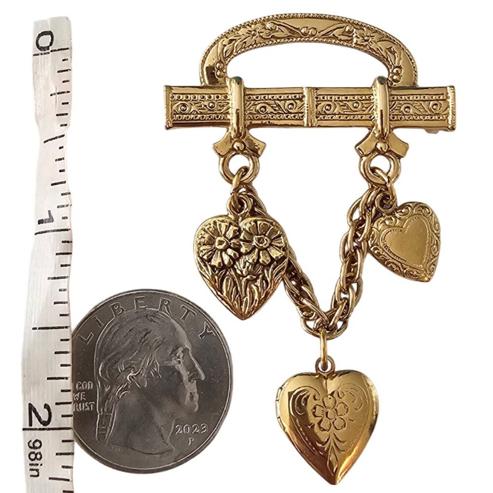 1928 Brand Bar Pin Heart Chain Dangle Brooch Locket Pin J522 - Picture 6 of 8